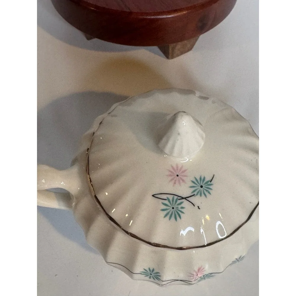Vintage Atomic Starburst Creamer Sugar Set MCM Pink Blue‎ Floral Gold Trim